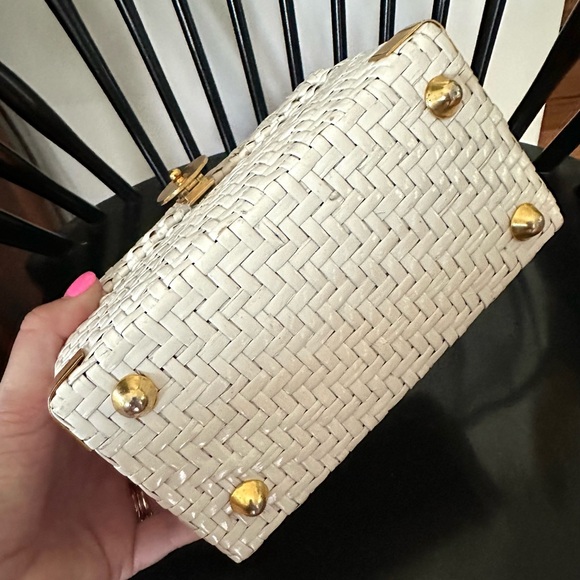 Rare 1960s Koret Italian Wicker Box Purse-White Top Handle Handbag Aqua Interior - Picture 9 of 9